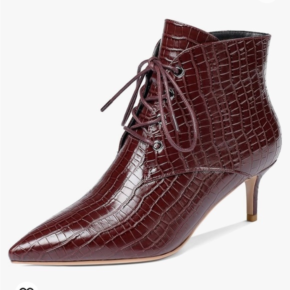 Sleek Deep Red Faux Croc Booties Ankle Boots Pointed‎ Toe Lace Up Vegan 10.5-11 - Picture 1 of 16